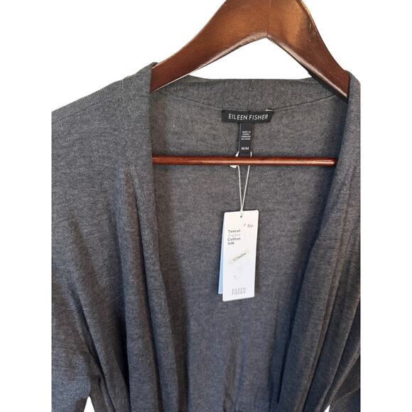 EILEEN FISHER NWT Belted Simple Cardi Sweater Ash Grey Cotton Silk Blend Cozy - Picture 3 of 8